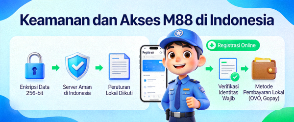 Animasi penjelasan tentang keamanan dan akses M88 di Indonesia
