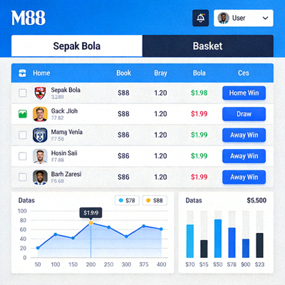 Dashboard sportsbook M88 untuk taruhan olahraga sepak bola dan basket