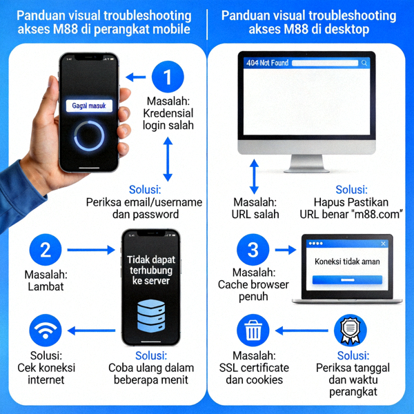 Panduan visual troubleshooting akses M88 di perangkat mobile dan desktop